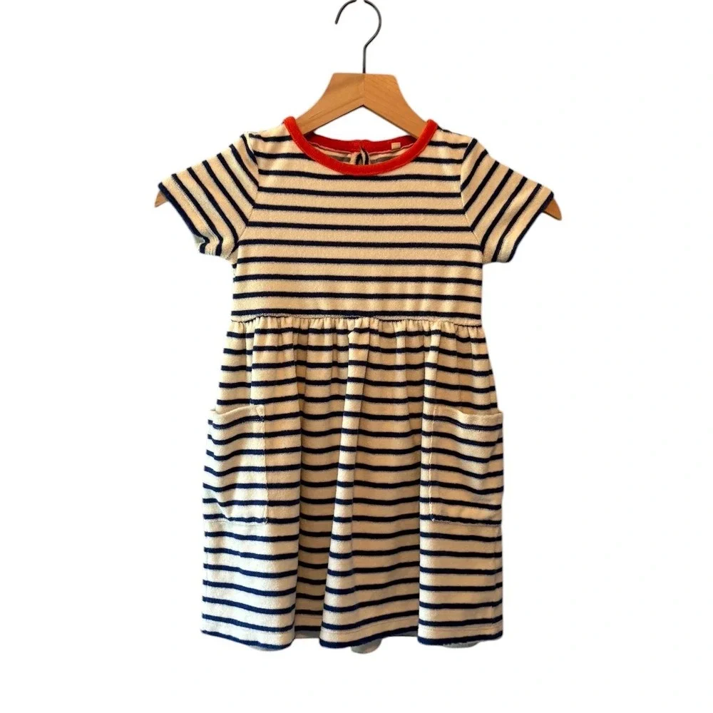 Mini Boden Kids Navy White Striped Terry Cloth Dress Red Ringer Neck 4-5Y G4671